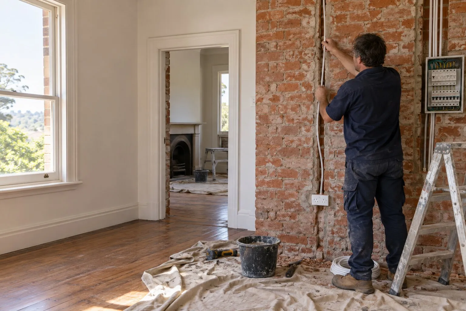 House rewiring, Busselton: electrician running new cable through a chased double-brick wall