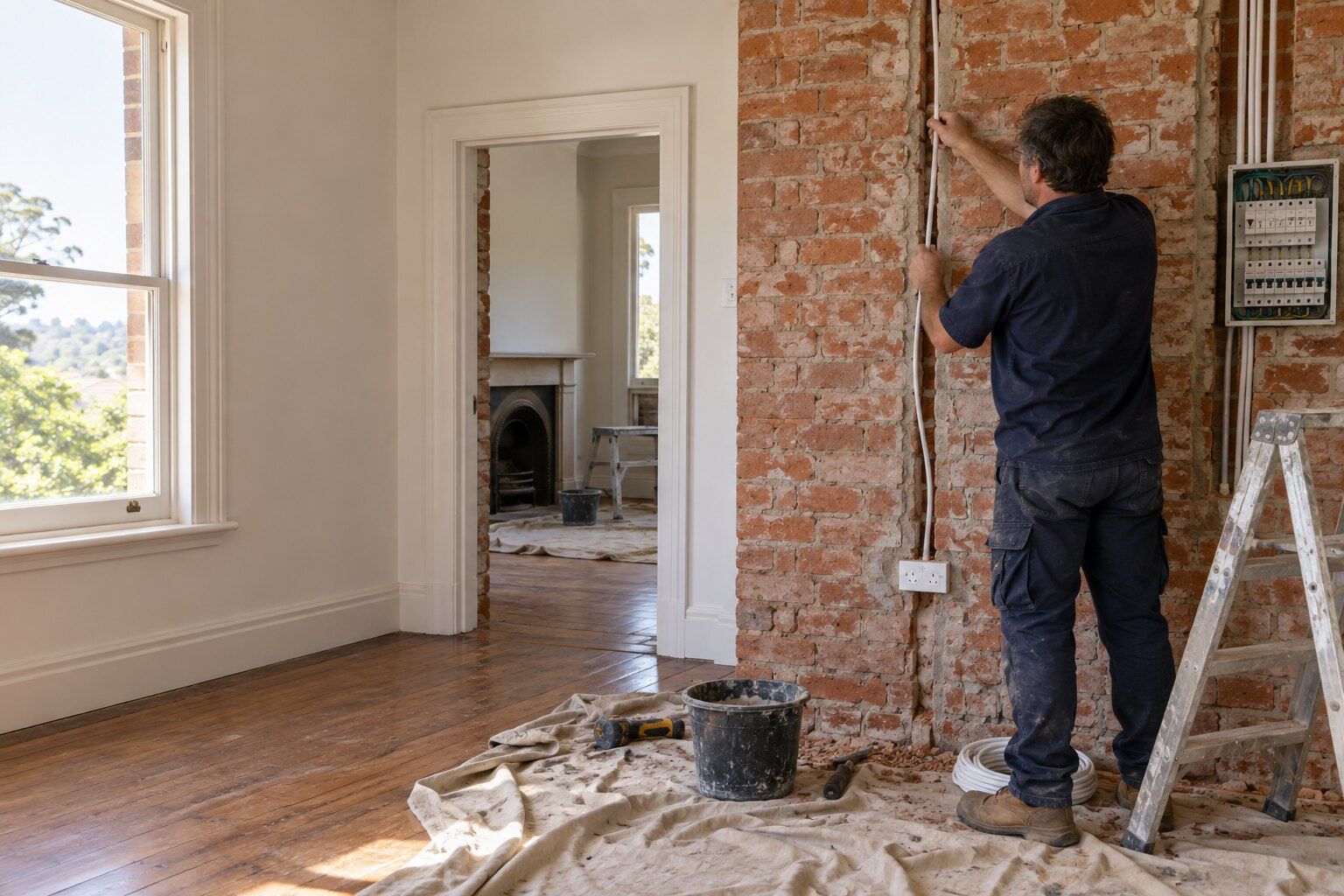 House rewiring, Busselton: electrician running new cable through a chased double-brick wall