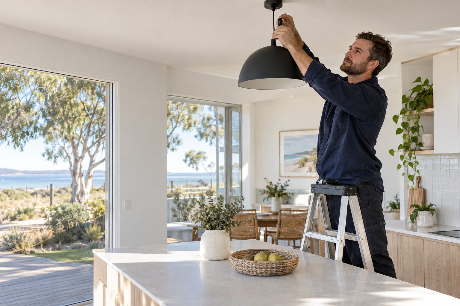 Electrical guides, Busselton: electrician installing a pendant light above a kitchen island