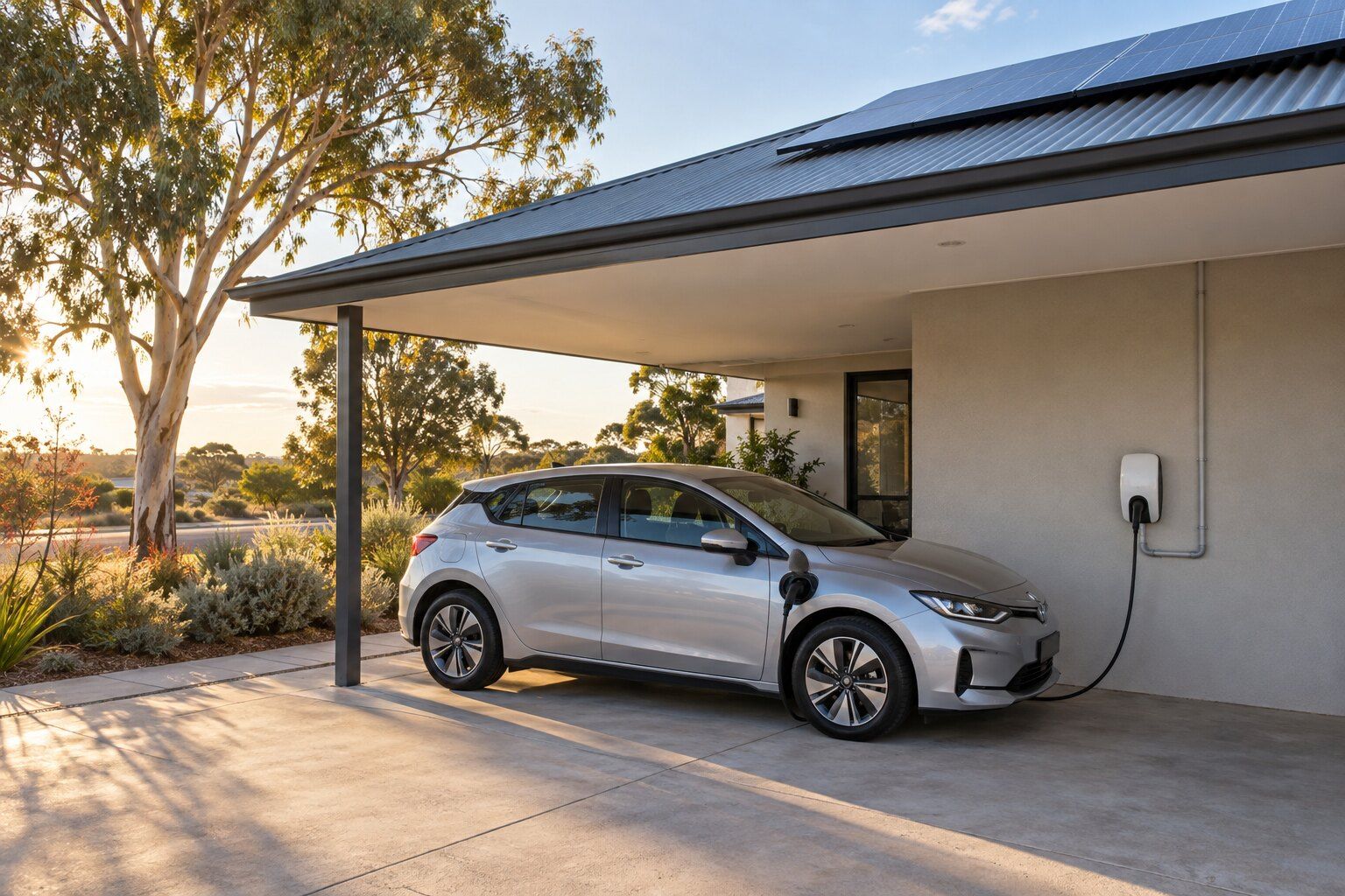 White wall-mounted EV charger in a carport, plugged into a silver electric car