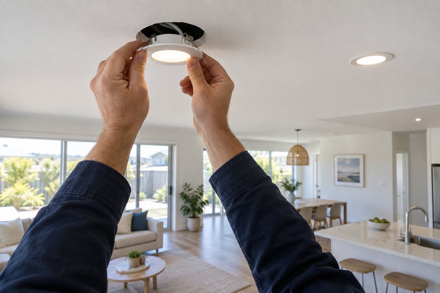 Electrician call-out fees, Busselton: electrician fitting an LED downlight into a living room ceiling