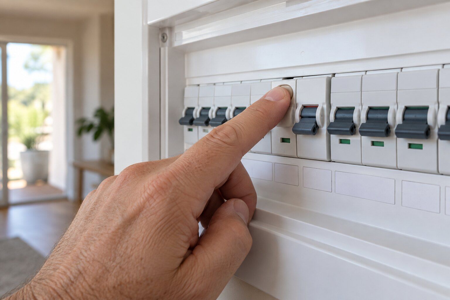 Hand pressing the test button on an RCD safety switch in a switchboard