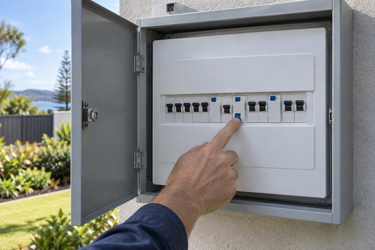 Safety switch keeps tripping, Busselton: hand at the safety switches on a home switchboard