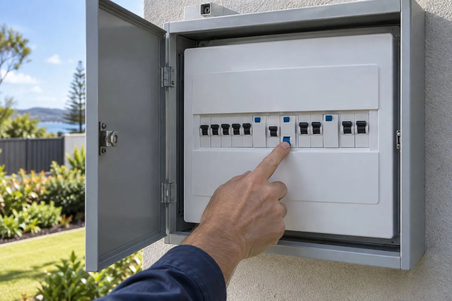 Safety switch keeps tripping, Busselton: hand at the safety switches on a home switchboard
