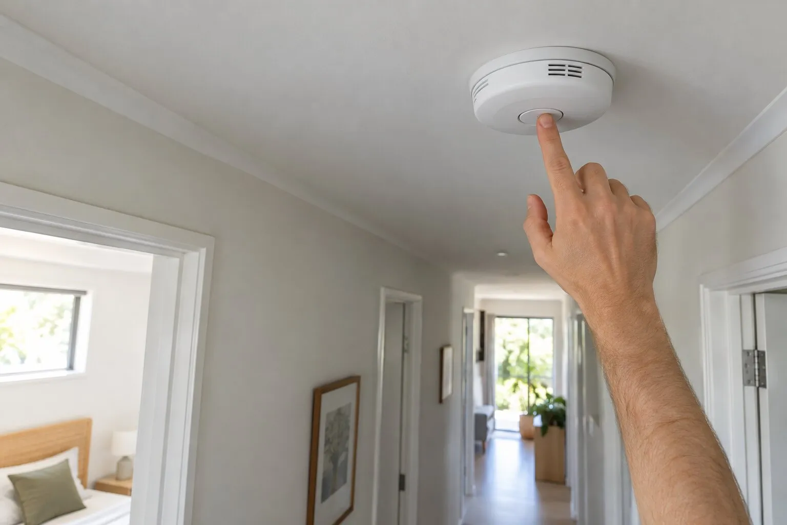 Smoke alarm beeping, Busselton: hand pressing the test button on a hard-wired smoke alarm in a hallway