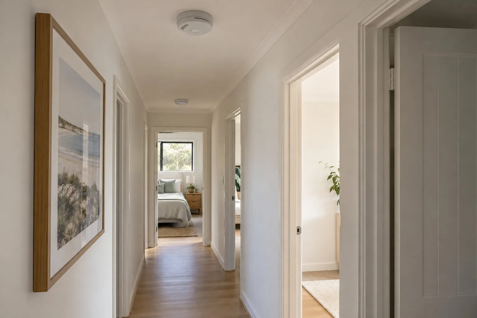 Two white smoke alarms on a hallway ceiling outside the bedrooms of a single-storey home