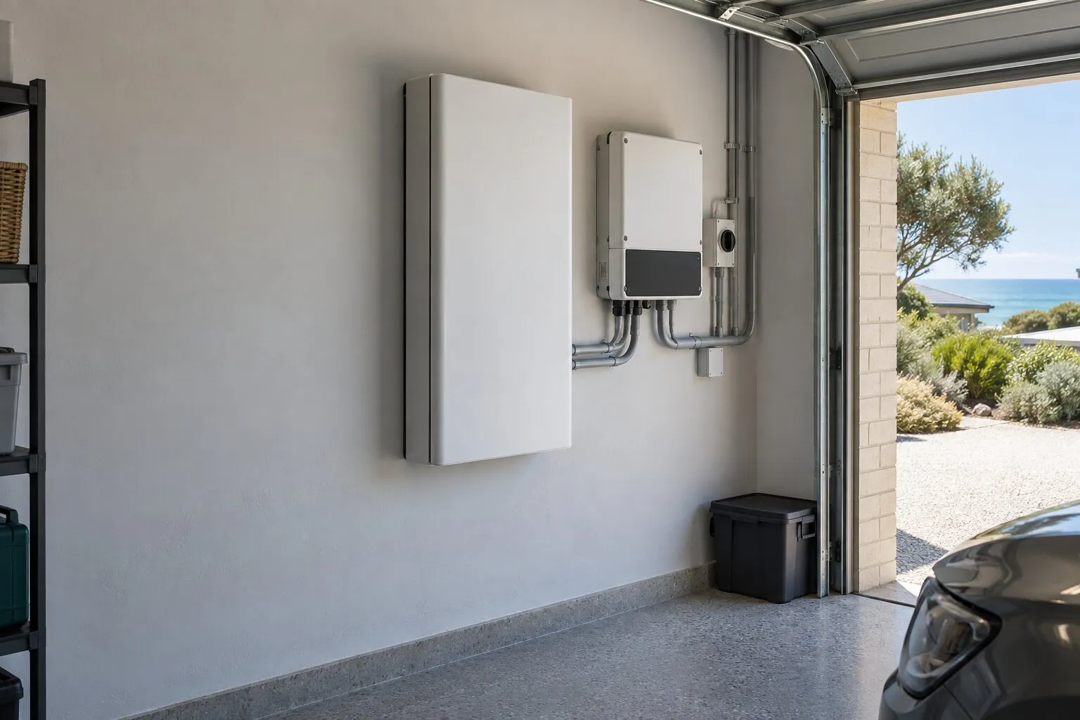 Solar battery installation, Busselton: wall-mounted home battery and inverter in a coastal garage