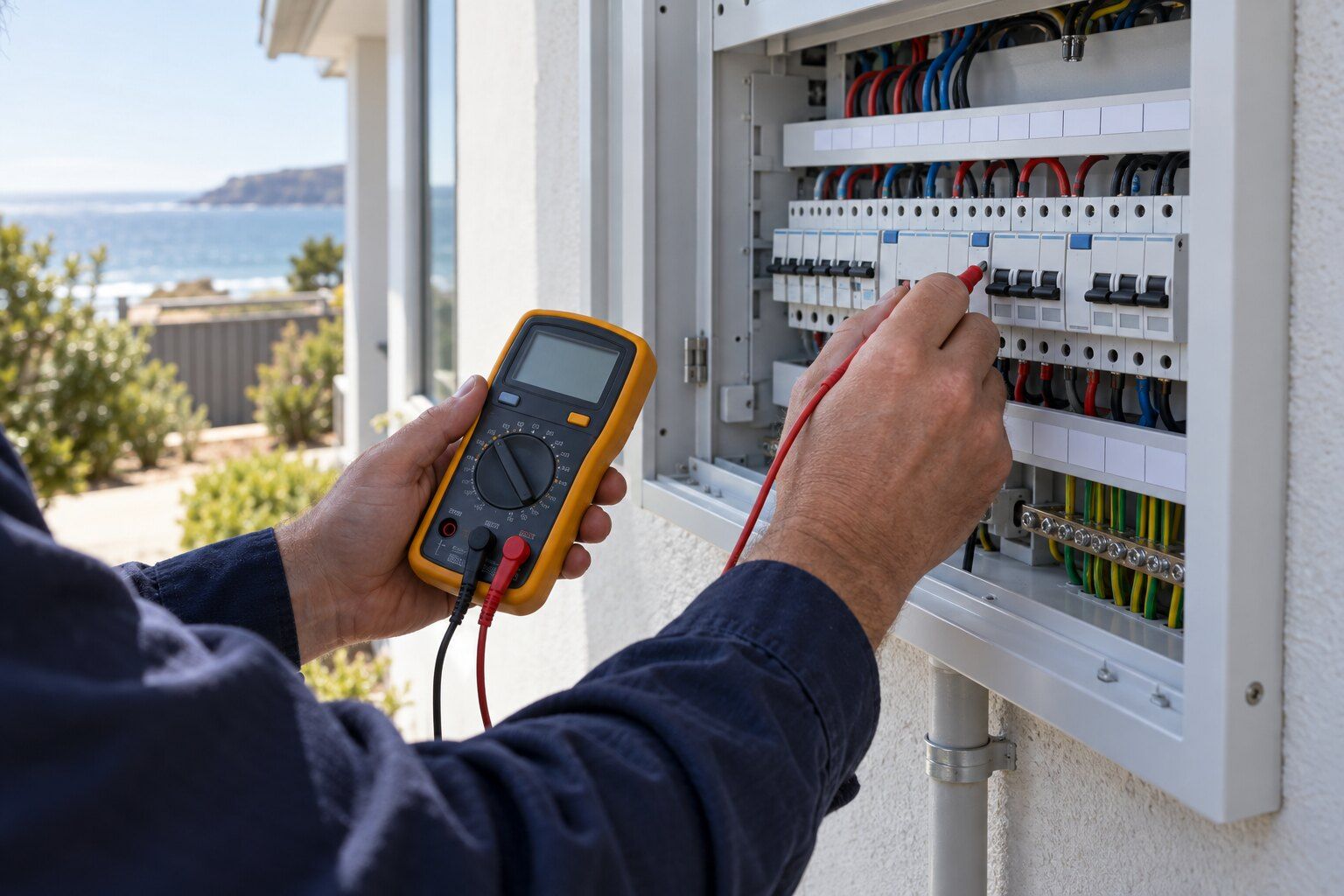 Switchboard upgrade cost, Busselton: electrician testing a new residential switchboard with a multimeter